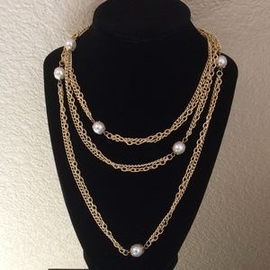 Classic extra long necklace chain faux pearl gold tone 54” very light